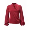Carloslines Women's Red Draped Mock Neck Long Sleeve Shirt In Burgundy Solid In Red