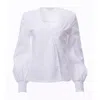 Carloslines Women's V-neck Bishop Sleeve Smocked Shoulder & Cuff Faux Wrap Blouse In Cotton White Solid In White