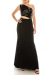 Carmen Marc Valvo Beaded One Shoulder Evening Gown In Black