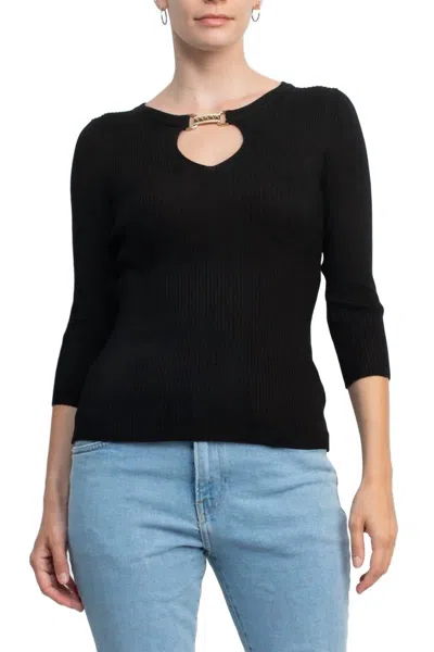 Carmen Marc Valvo Boat Neck Cutout Front 3/4 Sleeve Ribbed Pullover Knit Top In Black