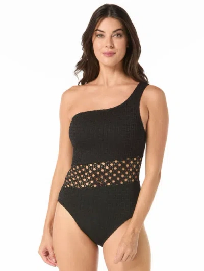 Carmen Marc Valvo Crochet One Shoulder One-piece Swimsuit In Black