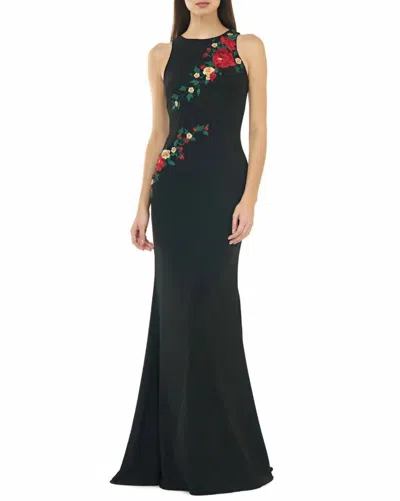 Carmen Marc Valvo Embroidered Floral Crepe Gown In Black/multi