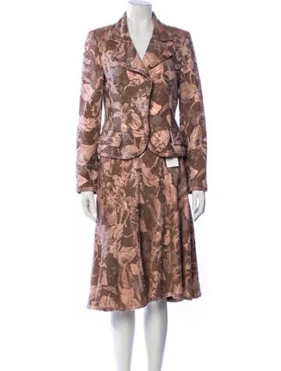 Pre-owned Carmen Marc Valvo Floral Print Glitter Accents Skirt Suit In Neutral