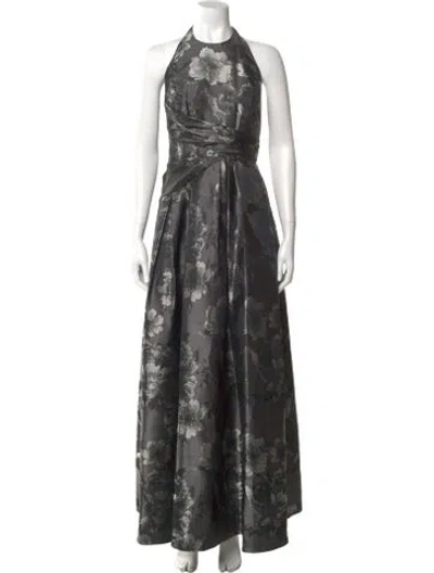 Pre-owned Carmen Marc Valvo Floral Print Long Dress In Black