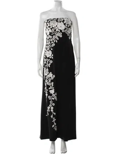 Pre-owned Carmen Marc Valvo Floral Print Long Dress In Black