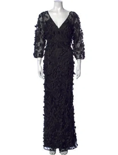 Pre-owned Carmen Marc Valvo Floral Print Long Dress In Black