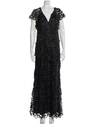 Pre-owned Carmen Marc Valvo Floral Print Long Dress In Black