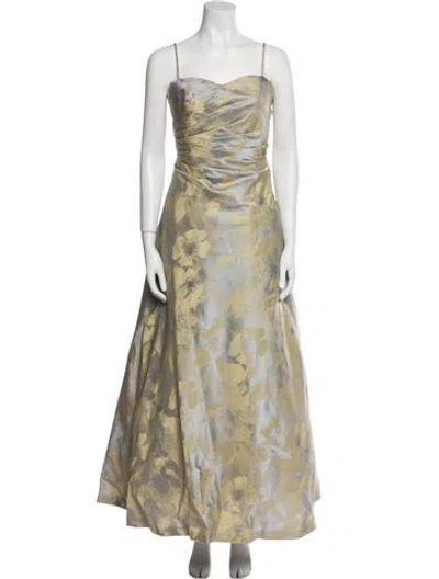 Pre-owned Carmen Marc Valvo Floral Print Long Dress In Silver