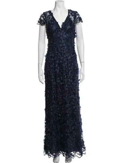 Pre-owned Carmen Marc Valvo Floral Print Long Dress W/ Tags In Blue