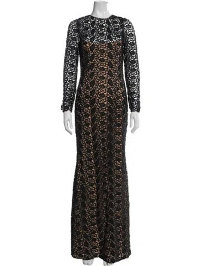 Pre-owned Carmen Marc Valvo Lace Pattern Long Dress In Black