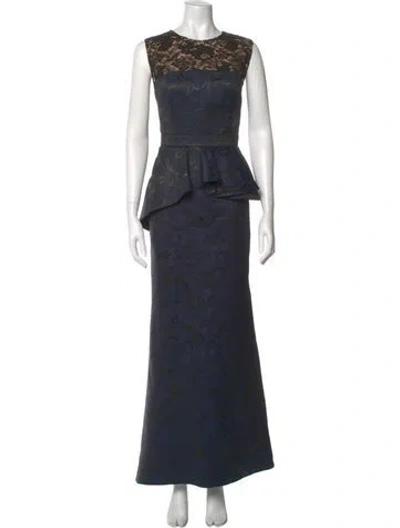 Pre-owned Carmen Marc Valvo Lace Pattern Long Dress In Blue