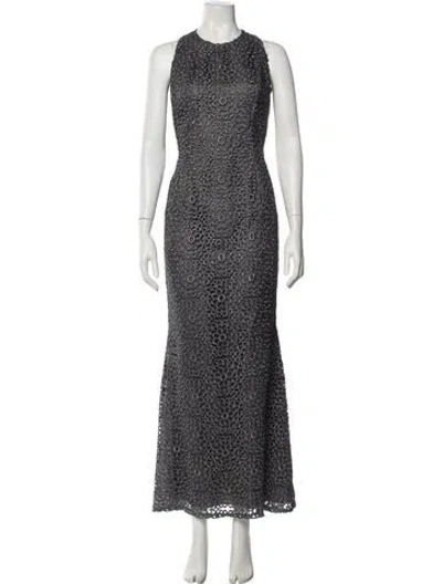 Pre-owned Carmen Marc Valvo Lace Pattern Long Dress In Gray