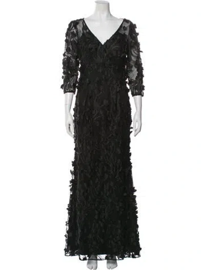 Pre-owned Carmen Marc Valvo Lace Pattern Long Dress In Green