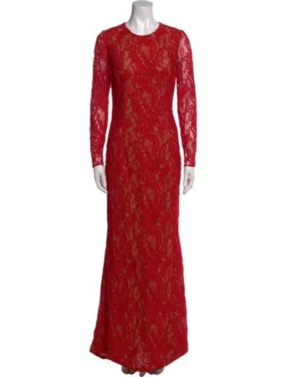 Pre-owned Carmen Marc Valvo Lace Pattern Long Dress In Red