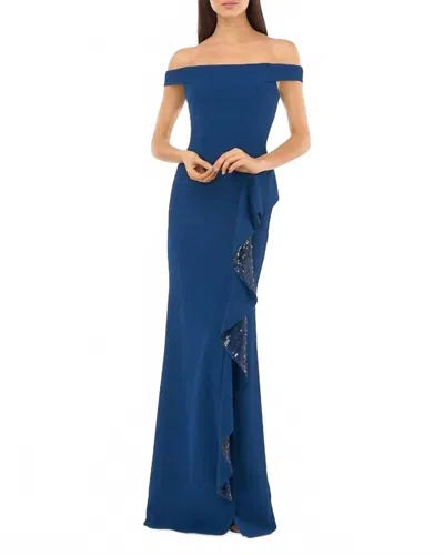 Carmen Marc Valvo Off The Shoulder Ruffle Gown In Blue