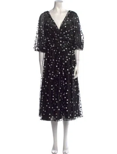 Pre-owned Carmen Marc Valvo Polka Dot Print Midi Length Dress In Black