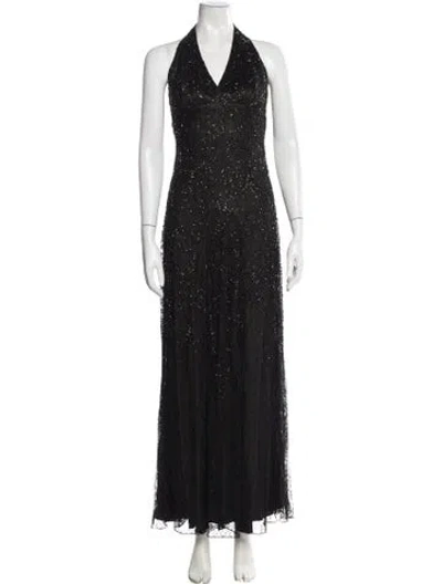 Pre-owned Carmen Marc Valvo Printed Long Dress In Black