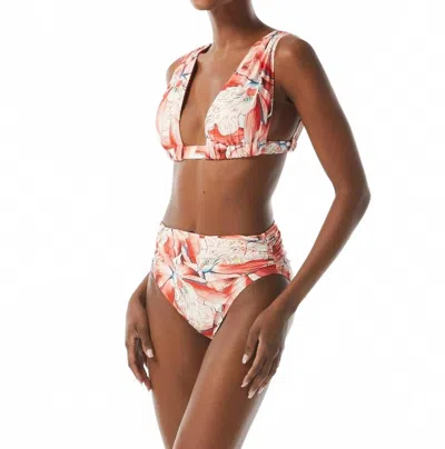 Carmen Marc Valvo Ruched Swim Floral Bikini Top In Tiger Lily In Brown