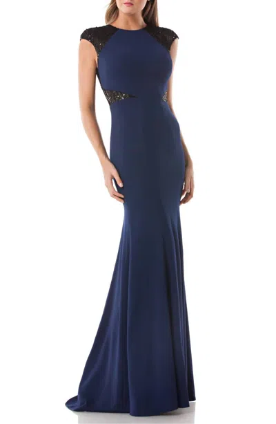 Carmen Marc Valvo Sequin Trim Crepe Evening Gown In Navy In Blue
