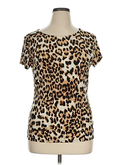 Pre-owned Carmen Marc Valvo Short Sleeve Top Brown Animal Print Pattern Scoop Neck Tops