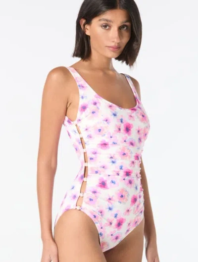 Carmen Marc Valvo Side Bead Scoop Neck One Piece Swimsuit In White