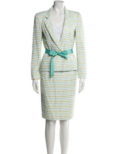Pre-owned Carmen Marc Valvo Striped Beaded Accents Skirt Suit In White