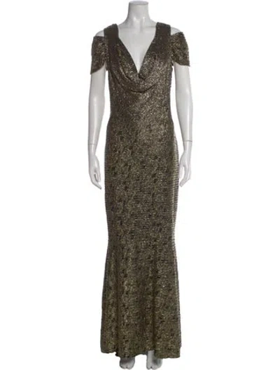 Pre-owned Carmen Marc Valvo V-neck Long Dress In Gold