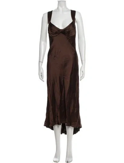 Pre-owned Carmen Marc Valvo V-neck Midi Length Dress In Brown
