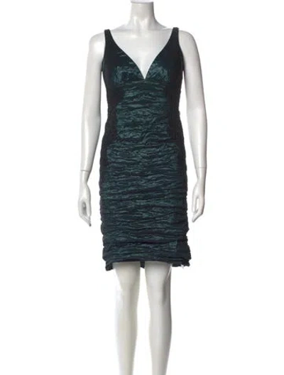 Pre-owned Carmen Marc Valvo V-neck Mini Dress In Green