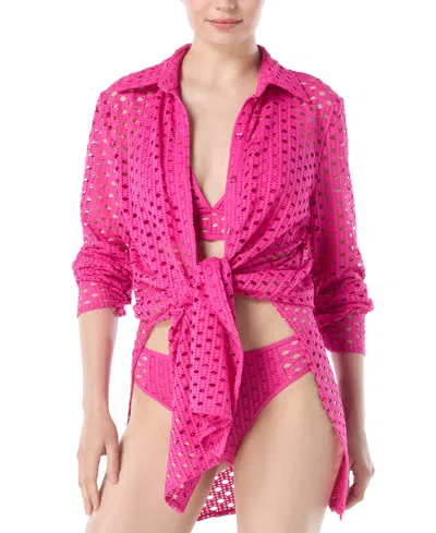 Carmen Marc Valvo Women's Crochet Tunic Swim Cover-up In Pink