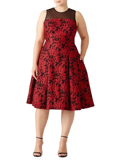 Carmen Marc Valvo Women's Floral & Swiss Dot Midi A-line Dress In Red