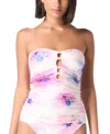 Carmen Marc Valvo Womens Shirred Tankini Top Ruched Bottoms In White Multi