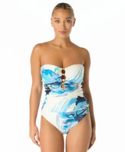 Carmen Marc Valvo Womens Amorphic Bead Trim Bandeau Neck Tankini Top High Waist Shirred Swim Bottoms In Multi