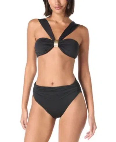 Carmen Marc Valvo Womens Embellished Bandeau Bra Swim Top Ruched Side Bikini Bottoms In Black