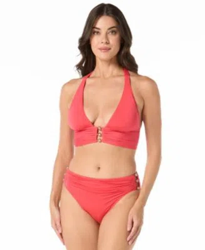 Carmen Marc Valvo Womens Halter Bikini Top Shirred Waist Bikini Bottom In Red
