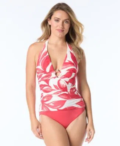Carmen Marc Valvo Womens Printed Shirred Halter Tankini Top Bottoms In Red