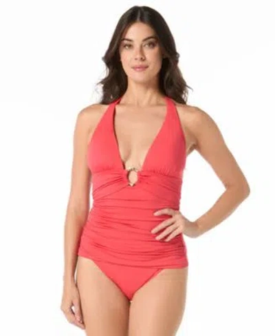 Carmen Marc Valvo Womens Shirred Halter Tankini Top Shirred Waist Bikini Bottoms In Pink