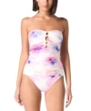Carmen Marc Valvo Womens Shirred Tankini Top Ruched Bottoms In White Multi