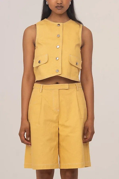 Carmen Says Desk Pale Yellow Denim Vest Jacket In Mustard, Women's At Urban Outfitters In Brown