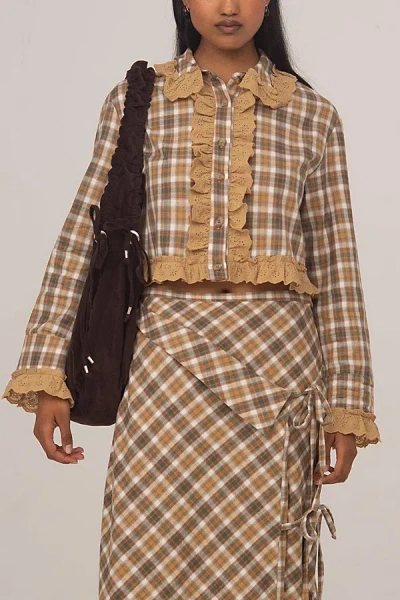 Carmen Says Willow Plaid Crop Shirt Top In Brown, Women's At Urban Outfitters