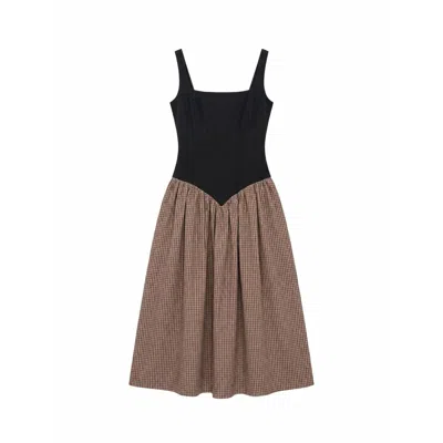 Carmen Says Women's Black Rove Contrast Bodice Brown Plaid Midi Dress