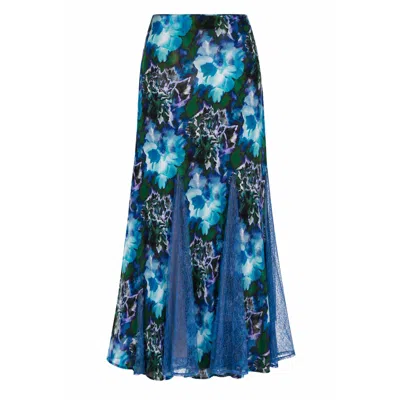 Carmen Says Women's Blue Lotus Flower Print & Lace Skirt