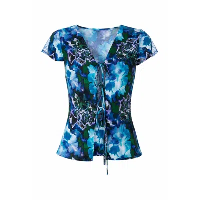 Carmen Says Women's Blue Lotus Flower Print & Lace Top
