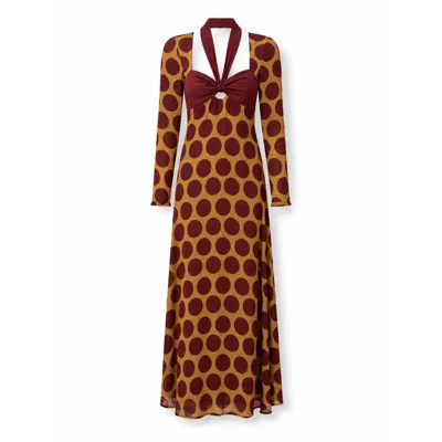 Carmen Says Women's Eternal Yellow & Burgundy Polka Dot Long Occasion Dress