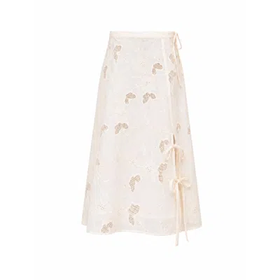 Carmen Says Women's White Sunlit Cream Embroidered Midi Skirt In Pink