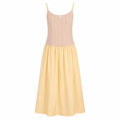 Carmen Says Women's Yellow Strawberry Crush Pink Striped Midi Dress