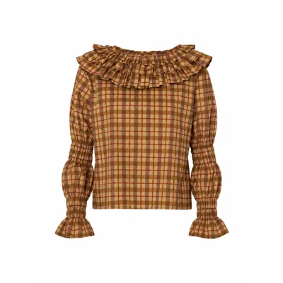Carmen Says Women's Yellow Tartine Plaid Print Blouse In Brown
