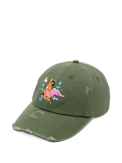 Carne Bollente Bunnies In Bloom Distressed-effect Cap In Green