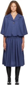 Caro Editions Navy Amanda Midi Dress In Navy Poplin