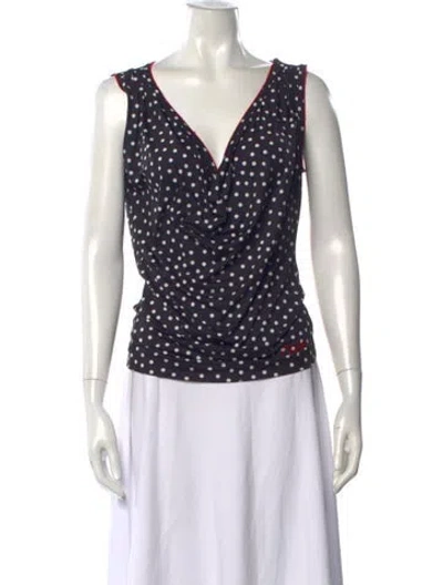 Pre-owned Caro Editions Polka Dot Print V-neck Top In Blue